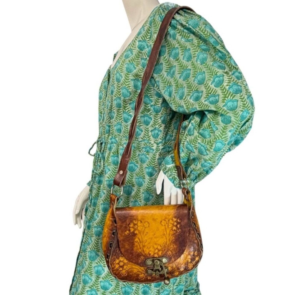 Vintage 1970's Hand-Tooled Leather Floral Shoulder Bag with Turnlock Bohemian